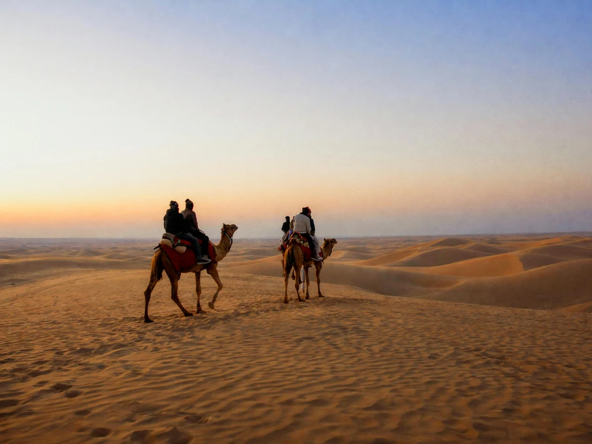 Camel Caravan at Sunset in Jaisalmer Desert