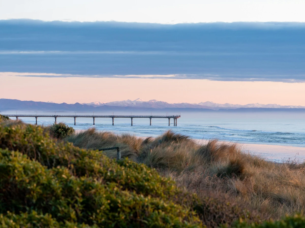 Rushes and Pier on Sea Coast, Christchurch, Canterbury, New Zealand