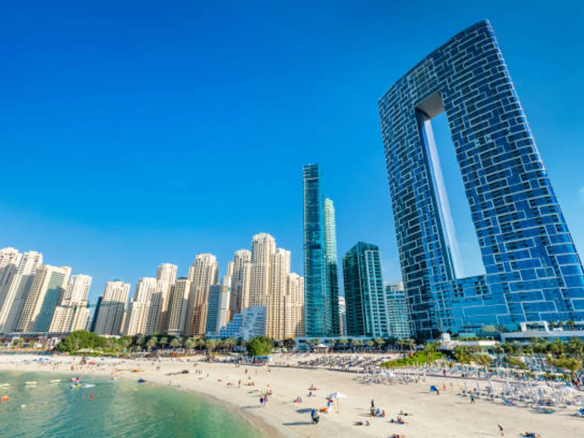 Dubai jumeirah beach with marina skyscrapers in UAE