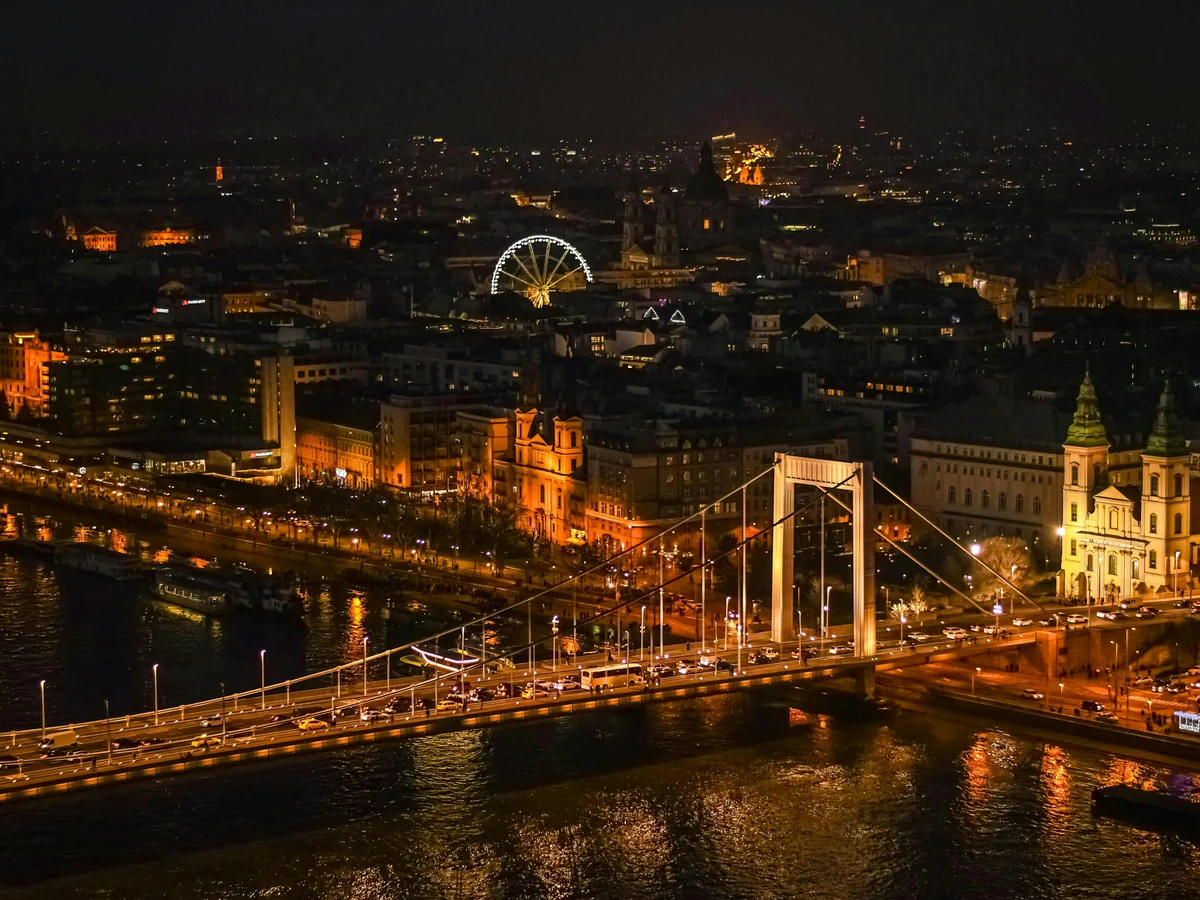 Nighttime Aerial View of Budapest's Iconic Landmarks