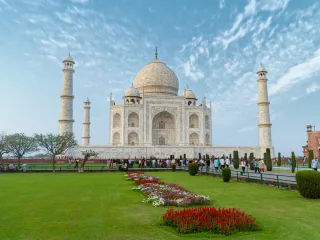 Taj Mahal with Tourists and Clear Sky