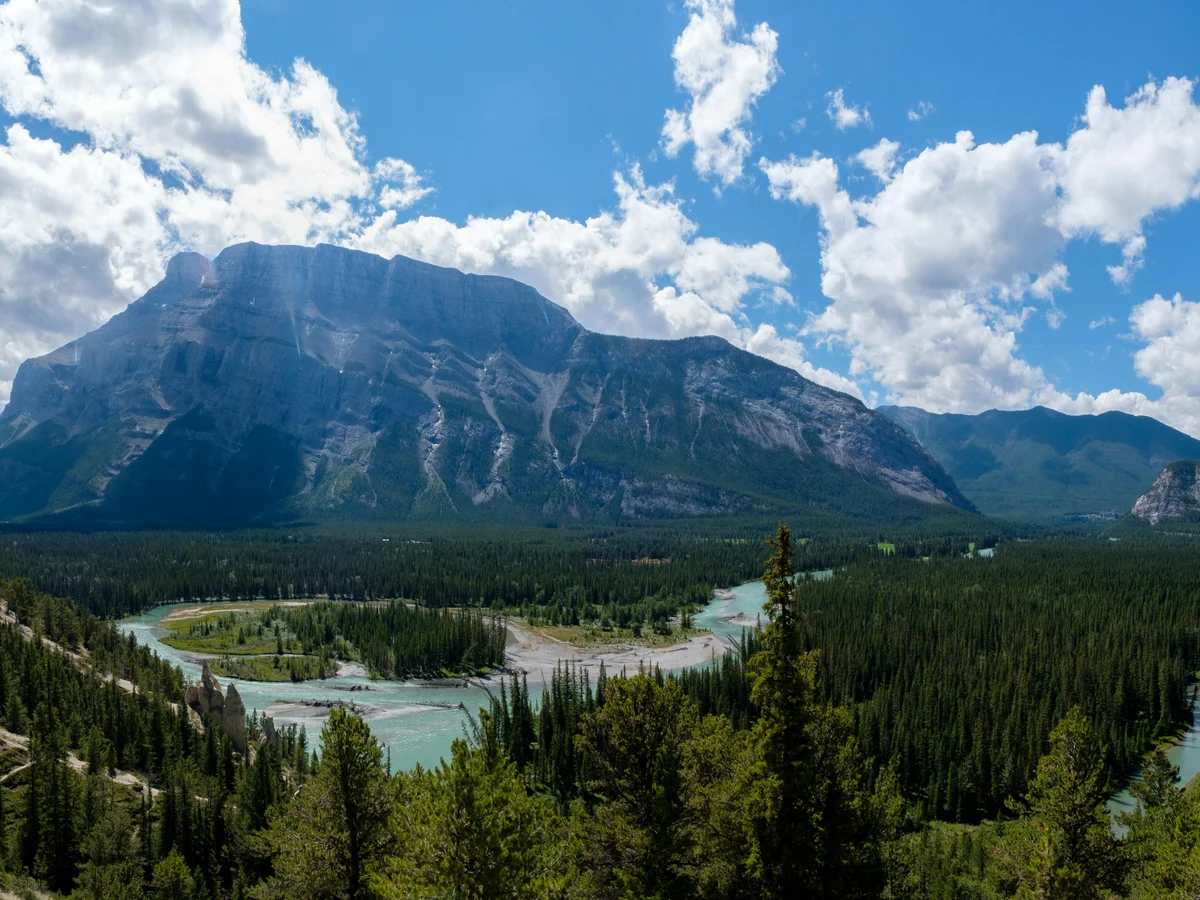 Majestic mountain range with lush forest in Banff National Park under a clear blue sky, Canada