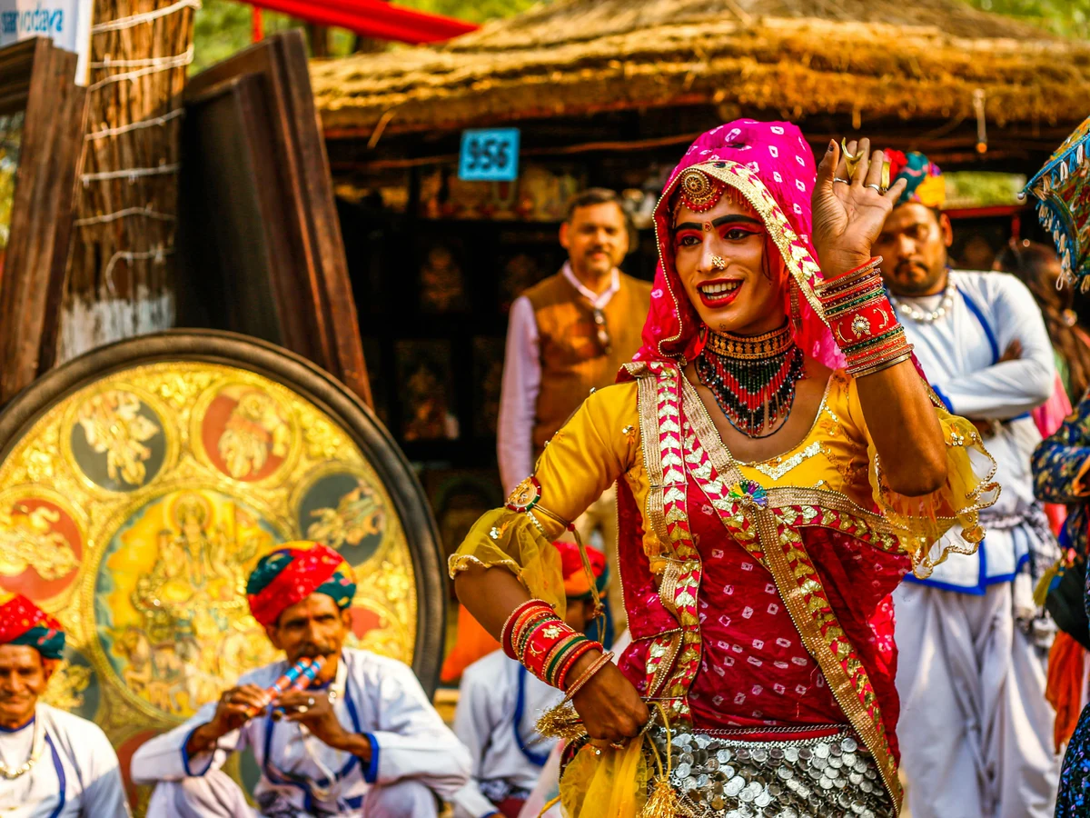 Dancers in Traditional Clothing Celebrating in the Street