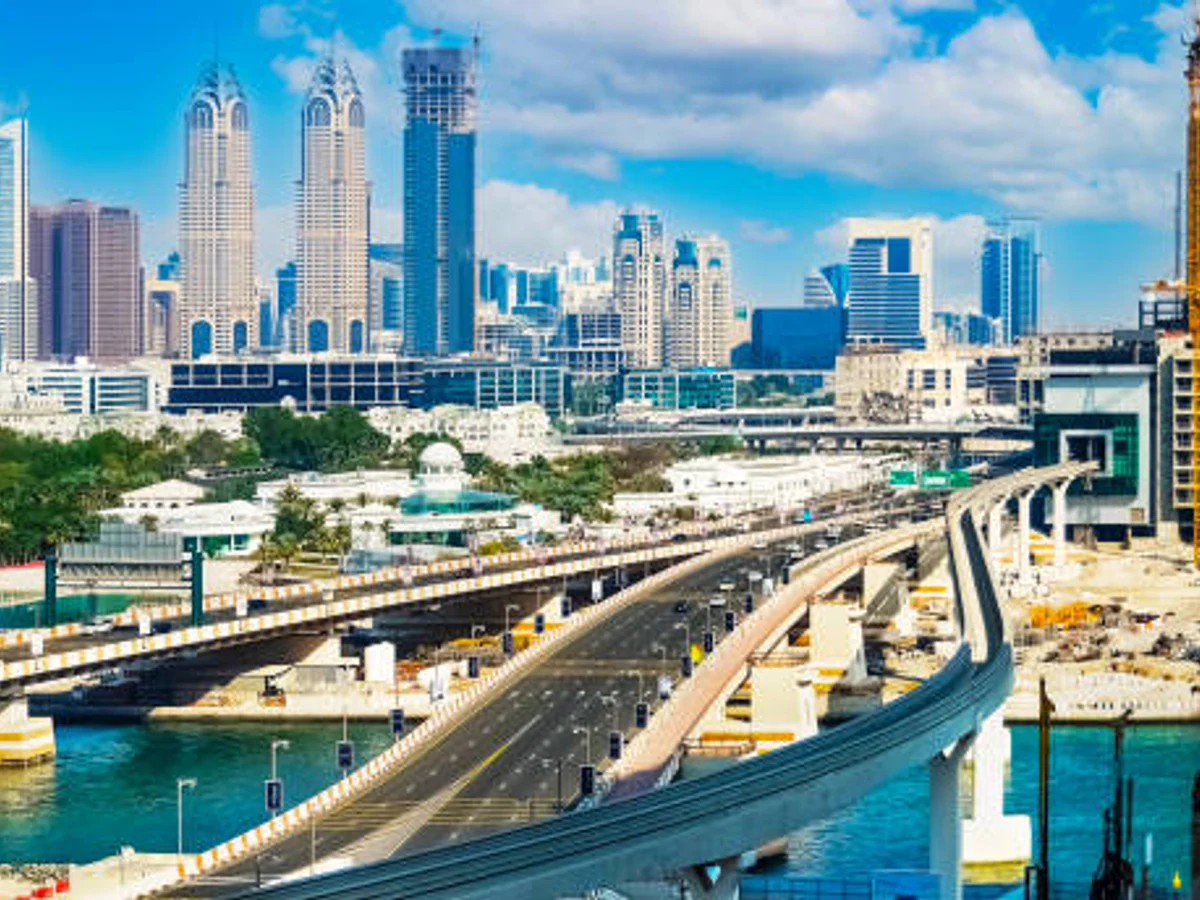 Dubai from Palm Jumeirah island, United Arab Emirates. panorama