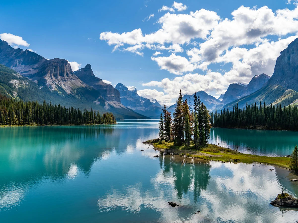 Spirit Island at Maligne Lake in Jasper National Park at the heart of the Canadian Rockies.