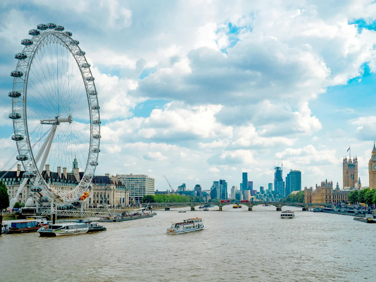 Eye Ferris Wheel And White Boat in London, England,