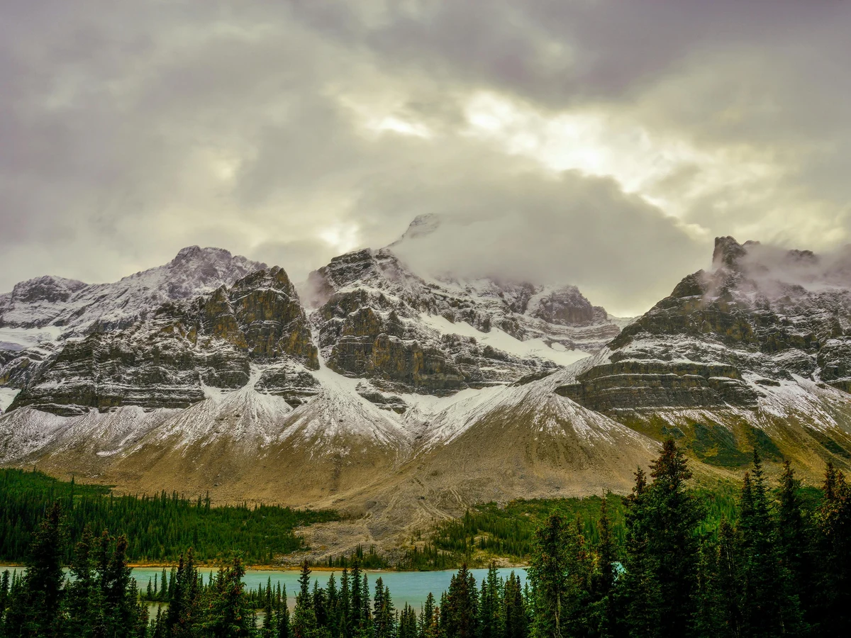 Dramatic Bow Lake and Crowfoot Mountain at Sunset, Banff, Alberta, Canada