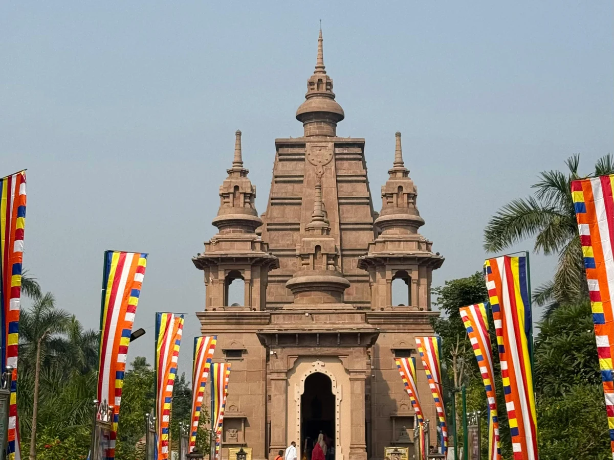 Dhammek Stupa in Sarnath with Colorful Flags