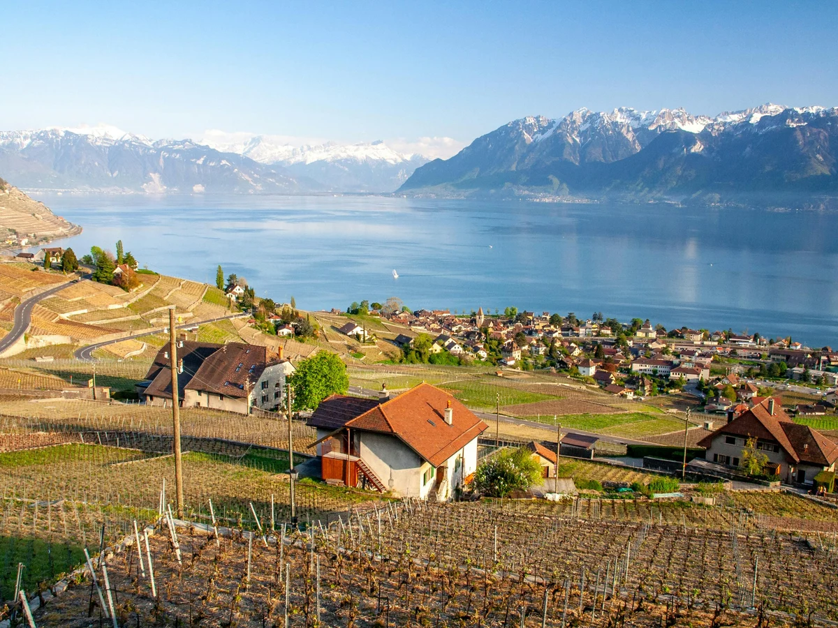 Houses and Fields Down the Hill by a Lake with Mountains in the Distance Switzerland