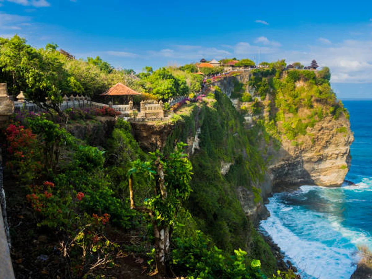 Uluwatu Temple perched on top of a cliff in Bali, Indonesia