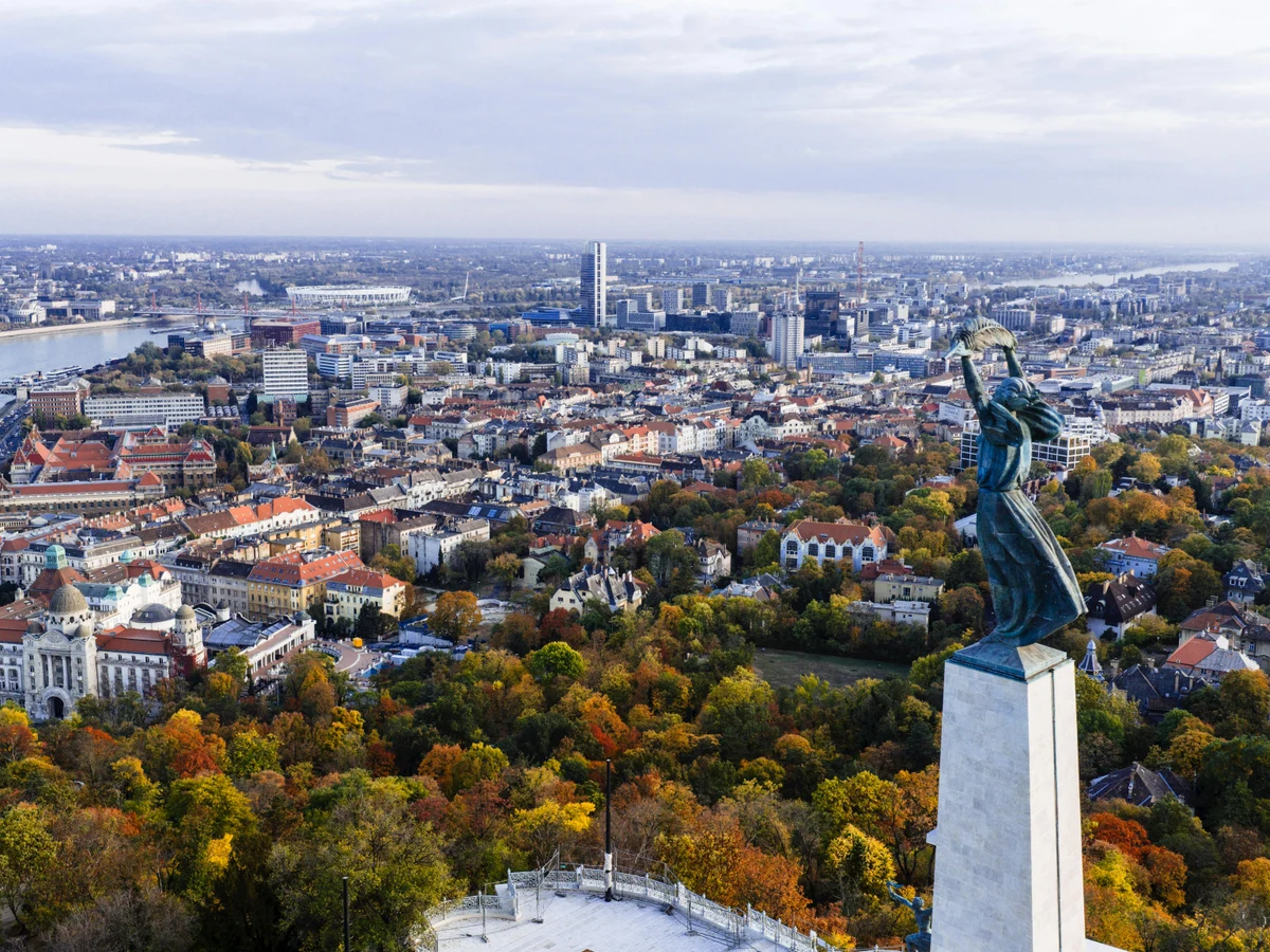 Aerial View of Budapest and Liberty Statue in Autumn