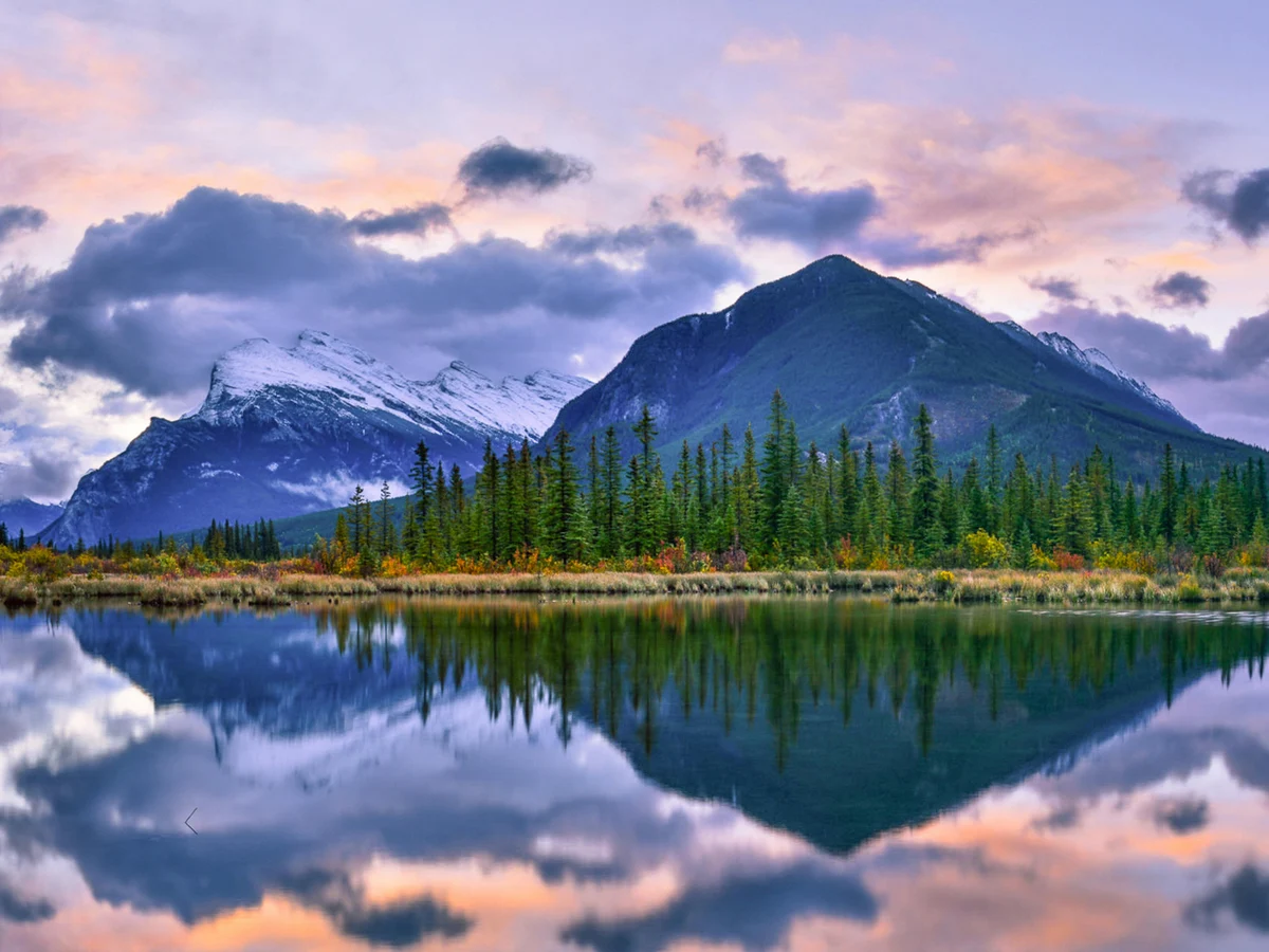 Lake and Forest with Hills behind, Banff, AB, Canada